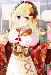 Rule 34 | 1girl, animal ears, beret, blush, bow, braid, closed mouth, commentary, cowboy shot, day, floral print, flower, fur scarf, fuumi (radial engine), hair bow, hair flower, hair ornament, hat, hololive, horns, japanese clothes, kimono, long hair, looking at viewer, obi, official alternate costume, outdoors, purple eyes, red bow, red hat, red kimono, sash, sheep ears, sheep horns, skirt, smile, solo, tsunomaki watame, tsunomaki watame (new year), twin braids, virtual youtuber, wide sleeves, yellow bow, yellow skirt