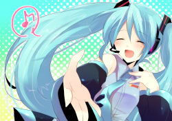 Rule 34 | blue hair, closed eyes, detached sleeves, hatsune miku, headset, highres, kurohara yuu, long hair, necktie, outstretched arm, outstretched hand, reaching, twintails, vocaloid
