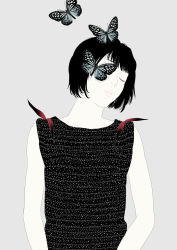 Rule 34 | 1girl, black hair, bob cut, bug, butterfly, butterfly on head, ceylon blue glassy tiger, closed eyes, dress, facing viewer, grey background, head tilt, insect, lips, original, re:i, red ribbon, ribbon, simple background, sleeveless, sleeveless dress, solo, spot color