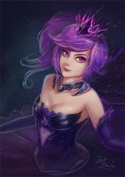 Rule 34 | bare shoulders, breasts, cleavage, crown, dark elementalist lux, dress, elbow gloves, elementalist lux, gloves, highres, league of legends, lux (league of legends), purple dress, purple eyes, purple hair, purple lips, side ponytail, signature, solo, strapless, strapless dress, tmiracle
