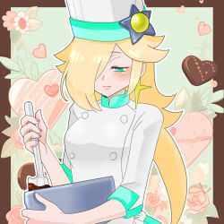 Rule 34 | 1girl, akira (cute camellia), blonde hair, blue eyes, bowl, candy, chef hat, chocolate, chocolate heart, chocolate making, closed mouth, earrings, flower, food, hair over one eye, hat, heart, holding, holding bowl, jewelry, long bangs, long hair, looking down, mario (series), mario kart, mario kart tour, mixing bowl, nintendo, official alternate costume, purple nails, rosalina, rosalina (chef), sleeves past elbows, solo, star (symbol), star earrings, upper body, white hat
