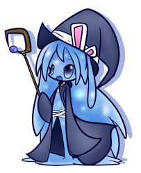 Rule 34 | 1girl, bandages, blue eyes, concave, female focus, hat, monster girl, open mouth, original, slime girl, smile, solo, staff, witch, witch hat