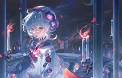 Rule 34 | 1girl, absurdres, balcony, black flower, building, candle, candlestand, cape, dress, eyelashes, facial mark, fire, flower, flower ornament, hair between eyes, hair flower, hair intakes, hair ornament, highres, looking at viewer, lu bai (lugugu99), medium hair, night, night sky, original, parted lips, sidelocks, sky, solo, solo focus, star (sky), tongue, white dress, white hair, wind, yellow eyes