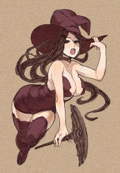 Rule 34 | 1girl, bare arms, bare shoulders, breasts, brown background, brown eyes, brown hair, c.cu, center opening, choker, cleavage, collarbone, covered erect nipples, deneb rove, diamond (shape), dress, eyebrows, eyelashes, facing away, floating hair, full body, gem, hand on headwear, hat, highres, holding, holding staff, long hair, looking at viewer, medium breasts, microdress, open mouth, purple dress, purple hat, purple neckwear, purple thighhighs, short dress, solo, staff, strapless, strapless dress, tactics ogre, tareme, thighhighs, tight clothes, tight dress, tongue, witch, witch hat, zettai ryouiki