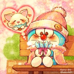 Rule 34 | animal, artist name, beanie, bell, bench, blush, bouquet, cat, cloak, covered mouth, doraemon, doraemon (character), dorayaki, eating, flower, food, full body, hat, heart, highres, holding, holding bouquet, imagining, jingle bell, kamo kamo, mii-chan (doraemon), neck bell, outdoors, park bench, planter, sitting, snowing, solo, thought bubble, twitter username, wagashi