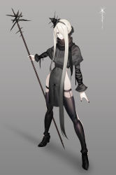 Rule 34 | 1girl, asymmetrical hair, black bow, black footwear, black hat, black nails, blonde hair, boots, bow, capelet, closed mouth, fingernails, full body, gradient hair, grey background, grey capelet, grey hair, hair bow, hair over one eye, hat, highres, holding, holding staff, km yama, long hair, long sleeves, looking at viewer, mini hat, multicolored hair, nail polish, one eye covered, original, pale skin, pelvic curtain, short hair with long locks, sidelocks, simple background, smile, solo, staff, thigh boots, thighhighs, very long hair, witch hat, witch of the hat (km yama), yellow eyes