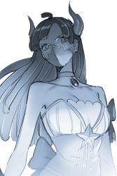 Rule 34 | 1girl, ahoge, alternate costume, blue theme, bow, breasts, choker, cleavage, commentary, corset, covered mouth, curled horns, dress, greyscale, horns, jewelry, long hair, looking to the side, mask, medium breasts, monochrome, mouth mask, one piece, parted bangs, pendant, raine (acke2445), simple background, solo, strapless, strapless dress, transparent background, ulti (one piece), underbust, upper body, v-shaped eyebrows, white background