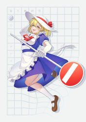 Rule 34 | 1girl, absurdres, apron, ascot, blonde hair, blue dress, bow, brown footwear, dress, elbow gloves, frilled apron, frills, gloves, grid, guumin, hat, hat ribbon, highres, kana anaberal, necktie, phantasmagoria of dim.dream, puffy short sleeves, puffy sleeves, red necktie, ribbon, road sign, short hair, short sleeves, sign, socks, solo, touhou, touhou (pc-98), warped, white gloves, white hat, white socks, yellow eyes