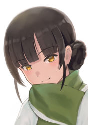 Rule 34 | 1girl, black hair, blush, commentary request, double bun, green scarf, hair bun, highres, japanese clothes, kantai collection, looking at viewer, orange eyes, portrait, porupurucha, scarf, simple background, smile, solo, un&#039;you (kancolle), white background, yawata maru (kancolle)