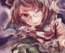 Rule 34 | 1girl, animal ears, bad id, bad twitter id, brown eyes, brown hair, checkered clothes, checkered scarf, fang, futatsuiwa mamizou, glasses, kiseru, leaf, leaf on head, looking at viewer, one eye closed, open mouth, smoking pipe, raccoon ears, scarf, short hair, skura01, smile, smoke, solo, touhou