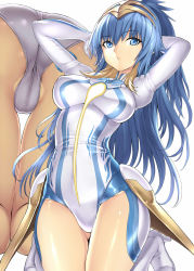Rule 34 | 1girl, armor, arms behind head, arms up, ass, beatmania, beatmania iidx, bemani, blonde hair, blue eyes, blue hair, bodysuit, boots, breasts, cameltoe, circlet, close-up, covered erect nipples, cuvelia, expressionless, eyebrows, faulds, from behind, gloves, hair between eyes, hakaba (dairiseki), headgear, high heel boots, high heels, high ponytail, highres, kneeling, large breasts, leotard, long hair, looking at viewer, matching hair/eyes, mtu virus, multicolored hair, multiple views, partially visible vulva, ponytail, simple background, skin tight, thigh gap, thighs, turtleneck, two-tone hair, very long hair, white background, white footwear