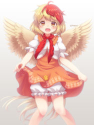 Rule 34 | 1girl, ahoge, bird, bird tail, bird wings, blonde hair, bloomers, chick, clothes lift, dress, feathered wings, feet out of frame, gradient background, highres, layered dress, lifted by self, looking at viewer, multicolored hair, neck ribbon, niwatari kutaka, open mouth, orange dress, orange eyes, puffy short sleeves, puffy sleeves, red hair, red ribbon, ribbon, short hair, short sleeves, simple background, skirt, skirt lift, solo, standing, swept bangs, tail, tomo takino, touhou, twitter username, two-tone hair, underwear, wings