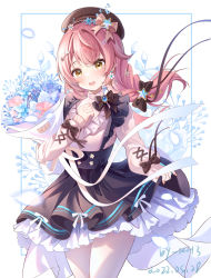Rule 34 | 1girl, black skirt, blush, bouquet, bow, braid, brown bow, brown headwear, flower, frilled skirt, frills, hair bow, hair flower, hair ornament, highres, indie virtual youtuber, long hair, long sleeves, looking at viewer, miaogujun, open mouth, pink bow, pink hair, ribbon, skirt, solo, standing, virtual youtuber, white ribbon, yellow eyes