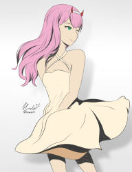 Rule 34 | 10s, 1girl, bare shoulders, breasts, commentary, darling in the franxx, dress, green eyes, hairband, highres, homies911, horns, long hair, medium breasts, pink hair, red horns, simple background, sleeveless, sleeveless dress, smile, solo, white hairband, zero two (darling in the franxx)