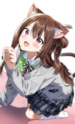 Rule 34 | 1girl, :d, all fours, animal ear fluff, animal ears, blush, bow, brown hair, cat ears, cat girl, cat tail, collared shirt, commentary request, double bun, fang, green bow, grey skirt, grey sweater, hair between eyes, hair bow, hair bun, highres, long hair, long sleeves, open mouth, original, pentagon (railgun ky1206), plaid, plaid skirt, pleated skirt, purple eyes, school uniform, shirt, skirt, sleeves past wrists, smile, solo, striped, striped bow, sweater, tail, two side up, white background, white shirt