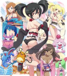 Rule 34 | 4girls, absurdres, aromatisse, ass, azumarill, bikini, black bikini, black hair, blonde hair, blue eyes, blunt bangs, breasts, brown eyes, brown hair, cleavage, clothed pokemon, collarbone, commentary request, creatures (company), cup, dark-skinned female, dark skin, dedenne, drinking glass, earrings, flower, furisode girl (pokemon), furisode girl blossom, furisode girl kali, furisode girl katherine, furisode girl linnea, game freak, gen 2 pokemon, gen 3 pokemon, gen 5 pokemon, gen 6 pokemon, glass, hair flower, hair ornament, hair tie, highres, holding, holding plate, holding tray, jewelry, kirlia, kneepits, leg up, long hair, looking at viewer, looking back, looking down, multiple girls, nail polish, nintendo, plate, poke ball theme, pokemoa, pokemon, pokemon (creature), pokemon xy, red eyes, red nails, shiny skin, shoulder blades, slurpuff, swept bangs, swimsuit, tray, vanillish, yellow eyes