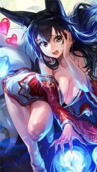 Rule 34 | 1girl, ahri (league of legends), animal ears, bad id, bad pixiv id, bare shoulders, black hair, breasts, cleavage, cropped, detached sleeves, facial mark, fang, fox ears, fox tail, korean clothes, large breasts, league of legends, lips, long hair, low neckline, multiple tails, open mouth, slit pupils, solo, tail, whisker markings, yellow eyes