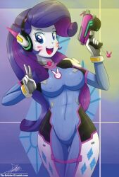 Rule 34 | 1girl, blue eyes, bodysuit, breasts, cameltoe, covered erect nipples, d.va (overwatch), gun, handgun, long hair, looking at viewer, medium breasts, my little pony, my little pony: equestria girls, my little pony: friendship is magic, overwatch, purple hair, rarity (my little pony), skin tight, smile, solo, the-butch-x, the-butcher-x, weapon, wide hips