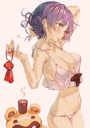 Rule 34 | 1girl, alternate breast size, bare shoulders, blue hair, blush, breasts, cleavage, collarbone, commentary, cup, drink, genshin impact, guoba (genshin impact), hair ornament, heart, highres, hxxg, medium breasts, mouth hold, navel, panda, short hair, simple background, steam, tying hair, undershirt, underwear, xiangling (genshin impact), yellow eyes