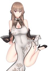 Rule 34 | 1girl, absurdres, azur lane, bare shoulders, black footwear, braid, breasts, brown hair, character cutout, china dress, chinese clothes, cleavage cutout, clothing cutout, covered navel, dress, floral print, full body, highres, large breasts, long hair, looking at viewer, off shoulder, pelvic curtain, red eyes, simple background, solo, swiftsure (azur lane), swiftsure (beauty of white jade) (azur lane), topgear