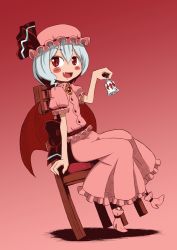 Rule 34 | 1girl, bat wings, bell, chair, fang, female focus, gradient background, hat, red eyes, remilia scarlet, short hair, silver hair, solo, sonson (eleven), touhou, wings