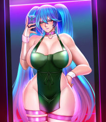 Rule 34 | 1girl, apron, badcompzero, bare shoulders, blue eyes, blue hair, breasts, bridal gauntlets, choker, commentary, cowboy shot, english commentary, eyeshadow, highres, holding, holding phone, huge breasts, league of legends, lipstick, long hair, looking at viewer, makeup, naked apron, phone, selfie, single bridal gauntlet, sleeveless, solo, sona (league of legends), thigh strap, twintails, very long hair, wrist cuffs