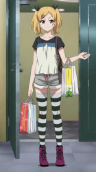 Rule 34 | 10s, 1girl, absurdres, bag, black eyes, blonde hair, bow, grey eyes, hair bow, hair ornament, hairclip, highres, indoors, looking at viewer, mole, mole under eye, non-web source, screencap, shirobako, shopping bag, short twintails, shorts, smile, solo, standing, stitched, striped clothes, striped thighhighs, thigh gap, thighhighs, third-party edit, twintails, yano erika