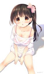 Rule 34 | 1girl, bow, brown eyes, brown hair, hair bow, highres, looking at viewer, mapuru, open mouth, original, pink bow, see-through, shadow, side ponytail, sitting, solo