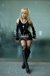 Rule 34 | 1girl, amane misa, amane misa (cosplay), asian, blade, blonde hair, boots, breasts, cosplay, cross, cross necklace, death note, fingerless gloves, fishnet pantyhose, fishnet thighhighs, fishnets, gloves, indoors, jewelry, kipi-san, long hair, looking at viewer, miniskirt, mole, necklace, pantyhose, photo (medium), skirt, small breasts, solo, thighhighs, torn clothes, two side up