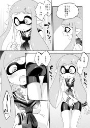 Rule 34 | 1girl, :o, ^^^, ass, bike shorts, blunt bangs, blush, breath, brooch, comic, eromame, eyebrows, fang, greyscale, inkling, inkling girl, inkling player character, jewelry, long sleeves, lower body, monochrome, neckerchief, nintendo, open mouth, sailor, sailor collar, school uniform, serafuku, short hair with long locks, skin tight, splatoon (series), splatoon 1, standing, surprised, tentacle hair, tooth, translated, twintails