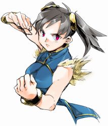 Rule 34 | 1girl, bangle, bare shoulders, black hair, bracelet, breasts, china dress, chinese clothes, dress, fighting stance, fur trim, jewelry, ling xiaoyu, purple eyes, short twintails, solo, tekken, twintails, upper body