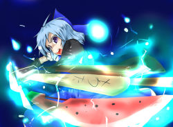 Rule 34 | 1girl, advent cirno, blue hair, byoin, cirno, female focus, food, fruit, purple eyes, short hair, solo, sword, embodiment of scarlet devil, touhou, watermelon, weapon