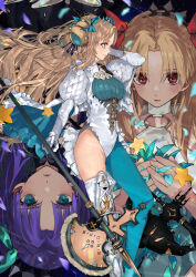 3girls absurdres axe bare_shoulders battle_axe black_dress blonde_hair blue_eyes blue_hair blush bow breasts curled_horns detached_collar dress elbow_gloves ereshkigal_(fate) fate/grand_order fate_(series) frills gloves green_eyes green_pantyhose grey_one-piece_swimsuit hair_bow hair_ornament hairband highres horns kdm_(ke_dama) leotard long_hair long_sleeves looking_at_viewer medium_breasts multiple_girls multiple_persona o-ring one-piece_swimsuit pantyhose parted_bangs petals red_eyes single_leg_pantyhose single_thighhigh space_ereshkigal_(fate) space_ereshkigal_(first_ascension)_(fate) space_ereshkigal_(second_ascension)_(fate) space_ereshkigal_(third_ascension)_(fate) swimsuit thighhighs thighs two-tone_swimsuit two_side_up weapon white_gloves white_leotard white_one-piece_swimsuit white_thighhighs