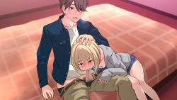Rule 34 | 1boy, 1girl, blonde hair, blush, breasts, brown eyes, censored, cleavage, clothes pull, cum, cum in mouth, cum in nose, fellatio, from above, hand on another&#039;s head, highres, indoors, jacket, legs, long sleeves, mosaic censoring, nymphomatic city, on bed, open mouth, oral, original, pants, pants pull, penis, short hair, short shorts, shorts, sitting, thighs, touji (tj studio)