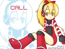 Rule 34 | 1girl, blonde hair, boots, call (mighty no. 9), call f, christopher hazeldine, flat chest, green eyes, headphones, knee boots, long hair, mighty no. 9, multicolored eyes, ponytail, solo, striped, striped sleeves, watermark, web address, yellow eyes, zoom layer