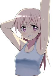 Rule 34 | 1girl, arm behind head, arm up, armpits, bad id, bad twitter id, blush, collarbone, crop top, eila ilmatar juutilainen, glastonbury1966, grin, long hair, purple eyes, silver hair, simple background, smile, solo, strike witches, tank top, water, wet, white background, world witches series