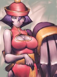 Rule 34 | 1girl, blue eyes, blue hair, breasts, capcom, claws, cleavage, cleavage cutout, clothing cutout, colored skin, flipped hair, fumio (rsqkr), hat, large breasts, lei lei, matching hair/eyes, purple eyes, purple hair, purple skin, short hair, solo, vampire (game)