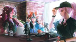 Rule 34 | 3girls, baseball cap, black hair, black headwear, black shirt, blue eyes, blue jacket, brick wall, can, computer, cup, drinking, hair between eyes, hakos baelz, hat, headphones, headphones around neck, heterochromia, highres, holding, holding can, hololive, hololive english, horns, indoors, irys (hololive), jacket, laptop, long hair, long sleeves, microphone, mori calliope, multicolored hair, multiple girls, open clothes, open jacket, open mouth, pink hair, pointy ears, ponytail, purple eyes, quasarcake, red eyes, red hair, shirt, short sleeves, sidelocks, streaked hair, virtual youtuber, white hair, wristband
