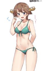 Rule 34 | 1girl, aqua bikini, arm behind back, bikini, breasts, brown hair, cleavage, feet out of frame, flipped hair, front-tie bikini top, front-tie top, gluteal fold, grey eyes, hairband, hiei (kancolle), hiei kai ni (kancolle), highres, kantai collection, lowleg, lowleg bikini, medium breasts, meguru (megurunn), short hair, side-tie bikini bottom, simple background, solo, standing, swimsuit, twintails, twitter username, white background