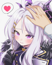 Rule 34 | 1girl, 3:, belt, black coat, black gloves, blue archive, blush, coat, coat on shoulders, commentary request, forehead, fur-trimmed coat, fur trim, gloves, hair ornament, hairclip, headpat, heart, highres, hina (blue archive), karaage (xxxmido02), long hair, long sleeves, looking at viewer, military, military uniform, open clothes, open coat, out of frame, parted bangs, purple eyes, sam browne belt, sensei (blue archive), shirt, shoulder belt, sidelocks, simple background, spoken heart, uniform, white background, white hair, white shirt