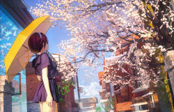 Rule 34 | absurdres, animal, arm at side, blue hairband, blue sky, blurry, bob cut, building, cat, cherry blossoms, closed mouth, cloud, commentary request, cowboy shot, day, douwo mkd, facing away, from behind, from below, hair ornament, hairband, hand up, highres, holding, holding umbrella, leaf, midriff peek, original, outdoors, pleated skirt, purple hair, purple shirt, purple skirt, scenery, school uniform, shirt, short hair, skirt, sky, standing, sunlight, tree, umbrella, utility pole, yellow umbrella