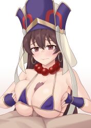 Rule 34 | 1boy, 1girl, absurdres, areola slip, bead necklace, beads, bikini, blush, breasts, breasts squeezed together, brown eyes, brown hair, censored, closed mouth, covered erect nipples, earrings, fate/grand order, fate (series), fingerless gloves, gloves, hat, hetero, highres, hoop earrings, jewelry, large breasts, liu han, looking at viewer, micro bikini, mosaic censoring, necklace, paizuri, penis, prayer beads, precum, purple bikini, raised eyebrows, swimsuit, variant set, wavy mouth, xuangzang sanzang (fate)