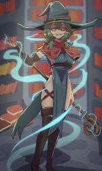Rule 34 | basedbinkie, boots, glowing, glowing eyes, green eyes, green hair, grin, hat, highres, loincloth, magic, original, smile, thigh strap, thighs, witch hat