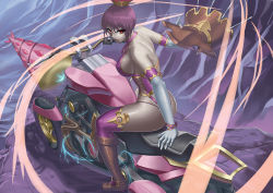 Rule 34 | 1girl, bare shoulders, boots, breasts, claw (weapon), cuboon, dark-skinned female, dark skin, elbow gloves, gaia (lord of vermilion), gloves, knee boots, large breasts, lord of vermilion, motor vehicle, motorcycle, pink hair, purple hair, purple thighhighs, red eyes, sideboob, sitting, solo, thighhighs, vehicle, weapon