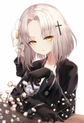 Rule 34 | 1girl, alcohol, aug (girls&#039; frontline), black gloves, branch, closed mouth, collarbone, commentary, commentary request, cross, cup, expressionless, flower, girls&#039; frontline, gloves, hair flower, hair ornament, hair ribbon, highres, holding, holding branch, holding cup, long sleeves, looking at viewer, myung yi, ribbon, short hair, silver hair, simple background, solo, table, upper body, white background, wooden table, yellow eyes