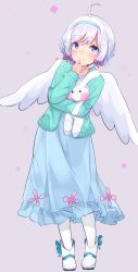 Rule 34 | .live, 1girl, absurdres, ahoge, angel wings, blue eyes, blush, boots, bow, cardigan, doorknoble, dress, full body, grey background, hair bow, hairband, head tilt, highres, holding, holding stuffed toy, long dress, long sleeves, looking at viewer, pantyhose, short hair, simple background, dennou shoujo siro, smile, solo, standing, stuffed animal, stuffed rabbit, stuffed toy, virtual youtuber, white footwear, white hair, white pantyhose, wings