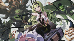 Rule 34 | 1girl, :p, absurdres, asc11, asymmetrical gloves, barefoot, black dress, black gloves, breasts, chinese commentary, commentary request, detached sleeves, dress, elbow gloves, gloves, green hair, green nails, headpiece, highres, honkai (series), honkai impact 3rd, long hair, long sleeves, looking at viewer, medium breasts, mobius (honkai impact), nail polish, pink eyes, single elbow glove, single sleeve, sitting, solo, toenail polish, toenails, toes, tongue, tongue out, uneven gloves, wide sleeves