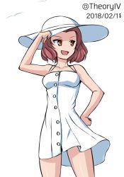 Rule 34 | 10s, 1girl, aegis (nerocc), bird, brown eyes, buttons, casual, commentary, cowboy shot, dated, dress, girls und panzer, hand on headwear, hand on own hip, hat, looking to the side, one-hour drawing challenge, open mouth, red hair, rosehip (girls und panzer), seagull, short dress, short hair, simple background, smile, solo, spaghetti strap, standing, sun hat, sundress, twitter username, white background, white dress, white hat, wind