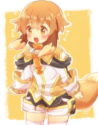 Rule 34 | 1boy, animal ears, blush, brown hair, dog boy, dog ears, dog tail, fang, hair between eyes, male focus, open mouth, pop-up story, short hair, skin fang, smile, solo, tail, thighhighs, white thighhighs, yuuri lessen