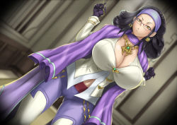 Rule 34 | arecia al-rashia, black gloves, black hair, breasts, cameltoe, cigarette, cleavage, coat, curvy, dutch angle, earrings, final fantasy, final fantasy type-0, glasses, gloves, headband, holding, huge breasts, jacket, jewelry, leggings, looking at viewer, mature female, navel, necklace, pendant, scarf, shibire hitsuji, standing, wavy hair, yellow eyes